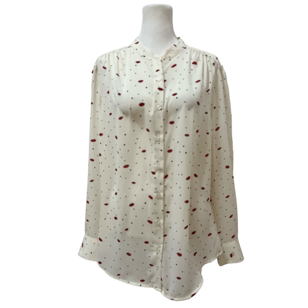 Faded Glory cream sheer polka dot button down blouse with red lips size large